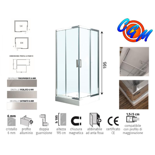 Box Doccia Angolo Scorrevole  VETRO TRAS. 6 mm.  70 cm ( 66 -69 ) SILVER