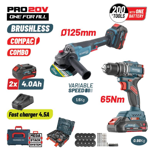 SET TRAPANO/AVVITATORE A IMPULSI BBP5433X44T2CA DA 65 Nm e smerigliatrice angolare, BORMANN PRO