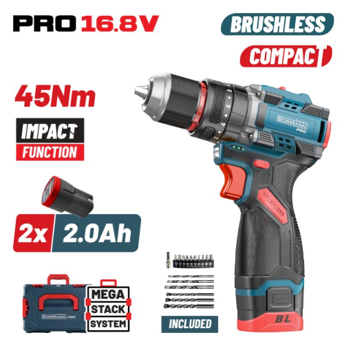 SET TRAPANO/AVVITATORE A IMPULSI BBP1645X22CA DA 45 Nm a batteria 2 BATTERIA DA 2 Ah incluse BORMANN PRO
