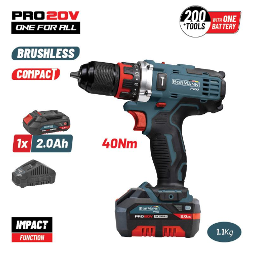 SET TRAPANO/AVVITATORE A IMPULSI compatto senza spazzole a batteria 20 V 1 BATTERIA 4 Ah 40 Nm  BORMANN PRO  BBP5446X2 