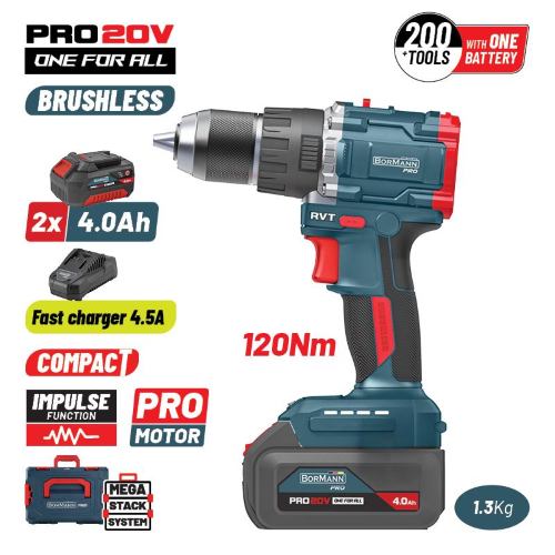 SET TRAPANO/AVVITATORE A IMPULSI compatto senza spazzole a batteria 20 V 2 BATTERIE 4 Ah 120 Nm  BORMANN PRO  BBP5451X44CA 