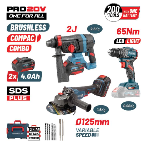SET TRAPANO/AVVITATORE A IMPULSI BBP5436X44T3CA DA 65 Nm e smerigliatrice angolare, TASSELLATORE  + 2 BATT 4 ah BORMANN PRO 