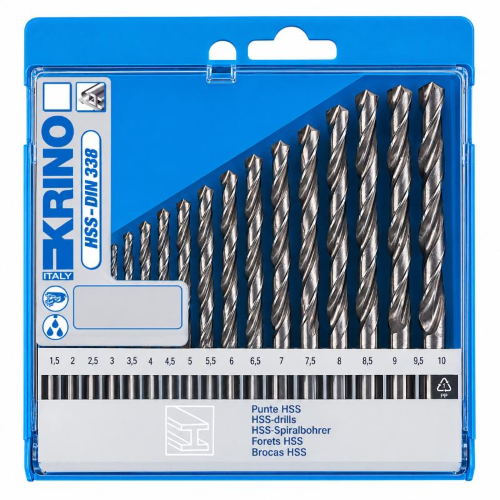 Set di PUNTE SERIE PER METALLO HSS RULLATE In custodia appendibile. Misure: 1 pezzo per tipo misure 1 - 1,5 - 2 - 2,5 - 3 - 3,5 - 4 - 4,5 - 5 - 5,5 - 6 - 6,5 - 7 - 7,5 - 8 - 8,5 - 9 - 9,5 - 10.